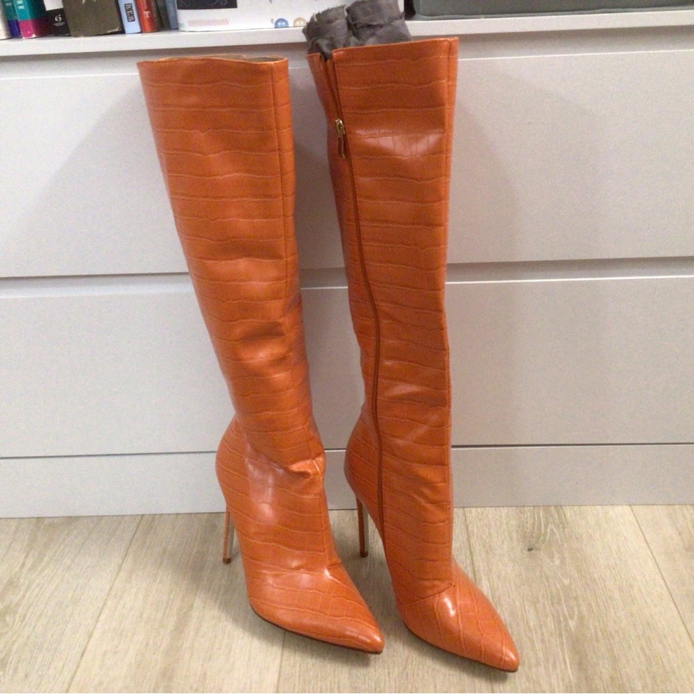 Orange Faux Alligator Knee-High Stiletto Boots